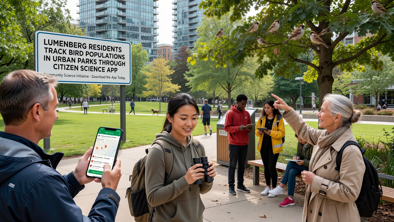 Group of Lumenberg residents gathered around a tablet displaying bird population maps generated from citizen science data
