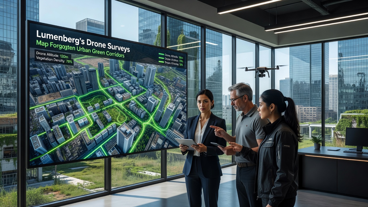 Lumenberg planners reviewing drone imagery of mapped green corridors